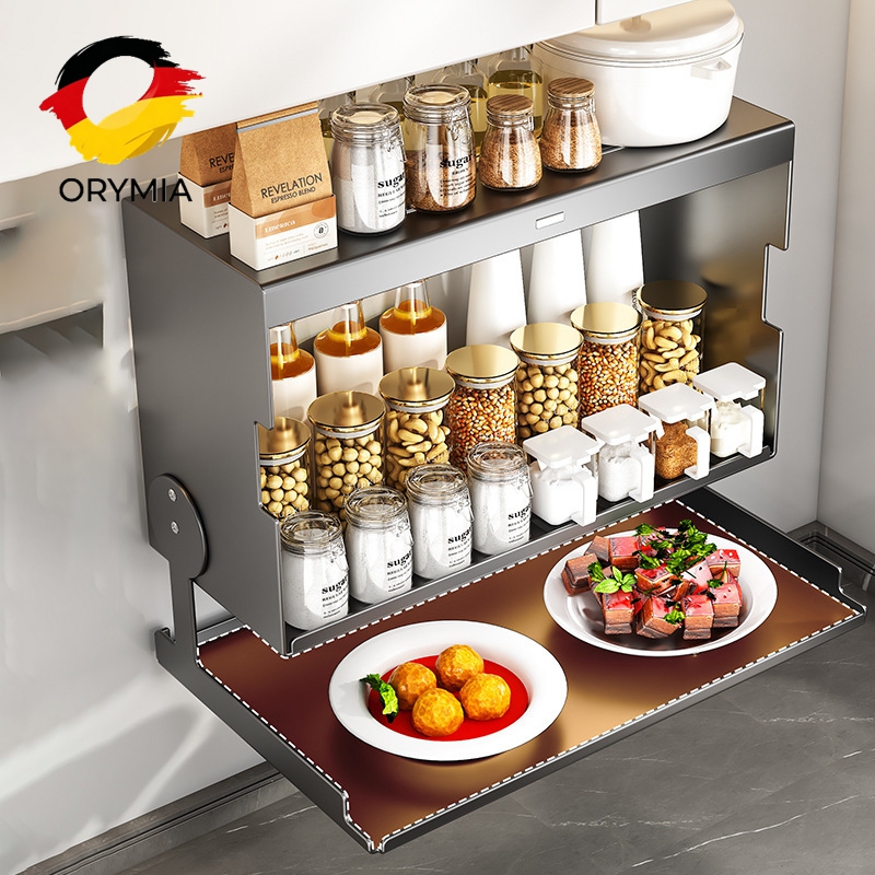Kitchen Storage Rack, Pull-Down Storage Box under the Cabinet, Double-Layer Folding Food Preparation Wall-Mounted Storage Rack, Condiment and Seasoning Rack