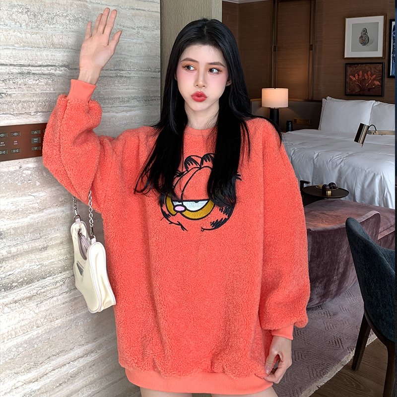 Orange Lamb Suede Jacket Women's Dress Round Collar Ins Tide Cards No Cap Sweatshirt Loose Korean version of autumn and winter thick in the middle of a long version