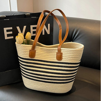 Trendy shoulder straw bag new trendy women's bag large capacity woven tote bag seaside vacation portable beach