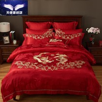 Biyi double flying wedding dragon and phoenix six-piece set of red tribute satin jacquard wedding embroidery bed cover bed hats bedding bedding