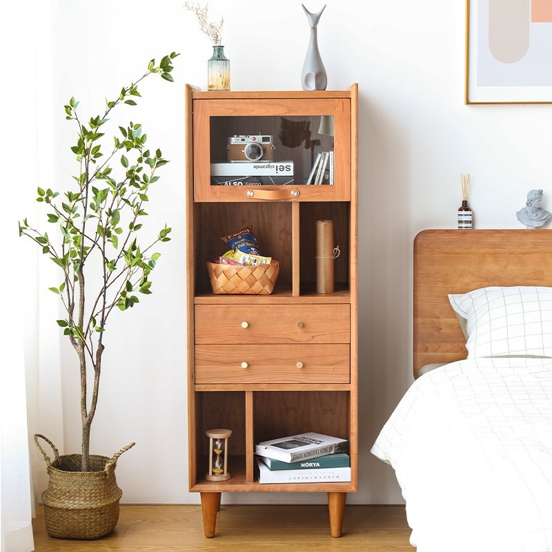 Nordic cherry wood bookcase small apartment storage storage cabinet log side cabinet Japanese simple magazine cabinet solid wood vertical cabinet