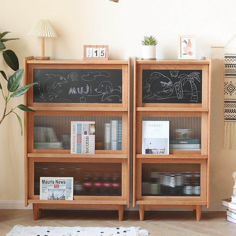 Nordic cherry wood bookcase Japanese simple solid wood flip door cabinet combination storage storage cabinet sofa side cabinet porch cabinet