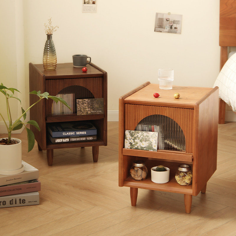 Nordic cherry wood bedside table solid wood narrow side cabinet small apartment Changhong glass log color bedside mini cabinet