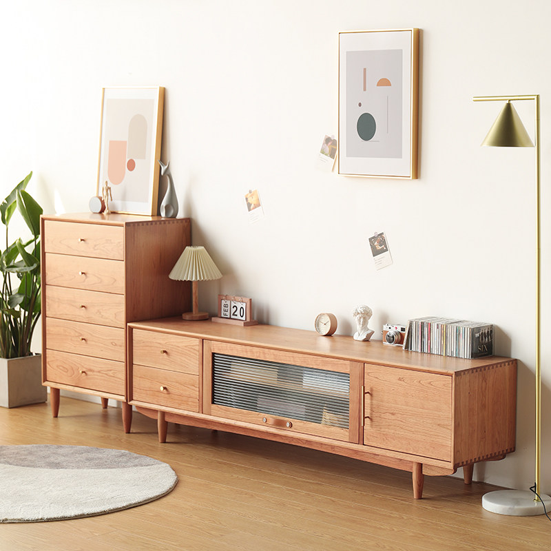 Nordic Japanese-style solid wood TV cabinet coffee table combination living room small apartment type simple log TV cabinet cherry wood floor cabinet