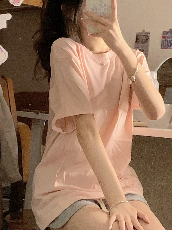 Sweet Pink Short-Sleeved T-Shirt for Women, Long-Sleeved, Regular Shoulder, Suitable for Summer, Autumn, and Winter, Versatile, Solid Color, Loose, Casual, Trendy Top for Young Girls Sweet Pink Short-Sleeved T-Shirt for Women, Long-Sleeved, Regular Shoulder, Suitable for Summer, Autumn, and Winter, Versatile, Solid Color, Loose, Casual, Trendy Top for Young Girls