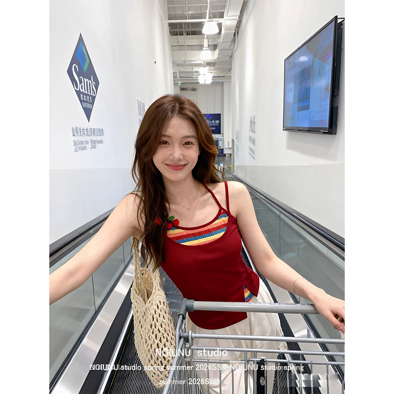 Dopamine Red Fake Two-Piece Double Shoulder Strap Camisole for Women 2026 Summer Design Korean Style Sleeveless Top Dopamine Red Fake Two-Piece Double Shoulder Strap Camisole for Women 2026 Summer Design Korean Style Sleeveless Top
