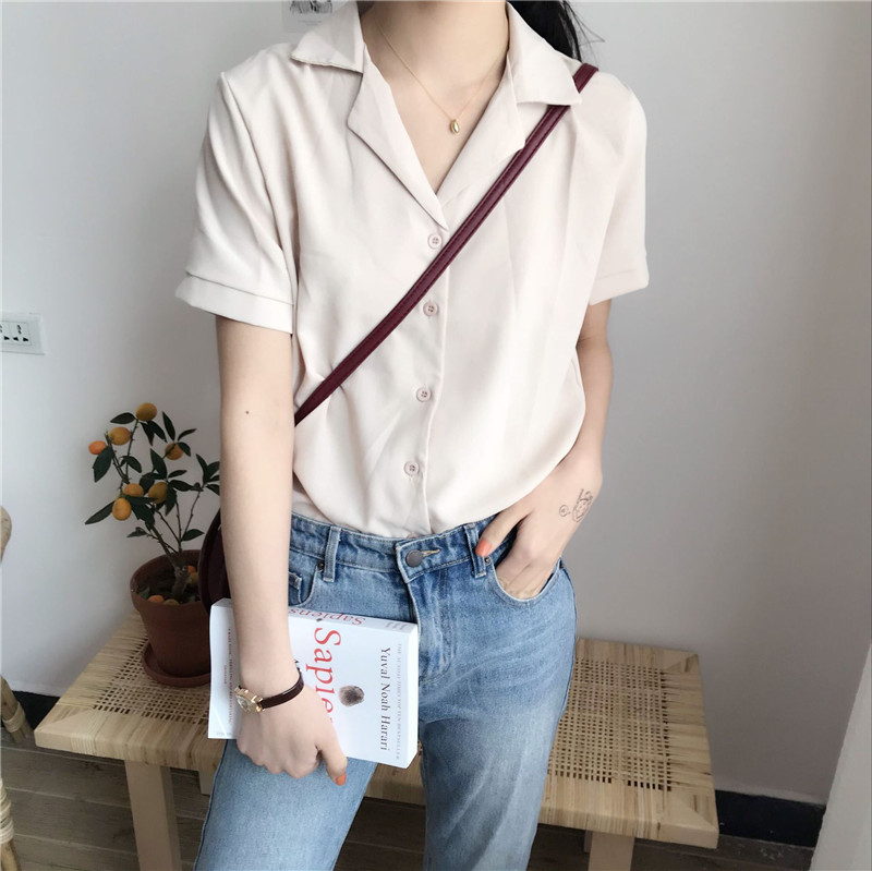 Mùa hè mới của phụ nữ phiên bản Hàn Quốc của bộ đồ thoải mái khí chất hoang dã sang trọng cổ áo sơ mi voan tay ngắn sơ mi cổ trụ