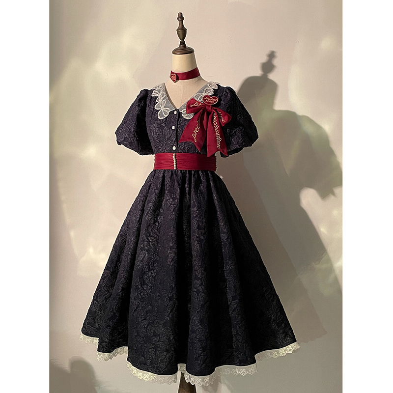 V-neck Cyan OP + Four Small Items (Final)【 Balance 】 ZJ Auxiliary line .Souther   Genuine original Gilding years French relief puff sleeve Dress