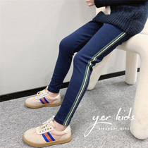 Dark Blue side strip webbing leggings girl grinding medium thickness bottoming pants can be worn outside childrens pants 2020