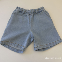 Girl Little Cherry Denim Shorts Children Pure Cotton Embroidered Pocket Summer Shorts Elastic Waist