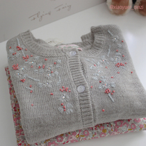 Gray prick rusty flower retro cardigan wool girl knitted coat baby cardigan children
