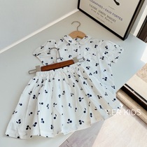 Girls white cherry shirt skirt suit ingot collar puff sleeves shirt with pleated skirt