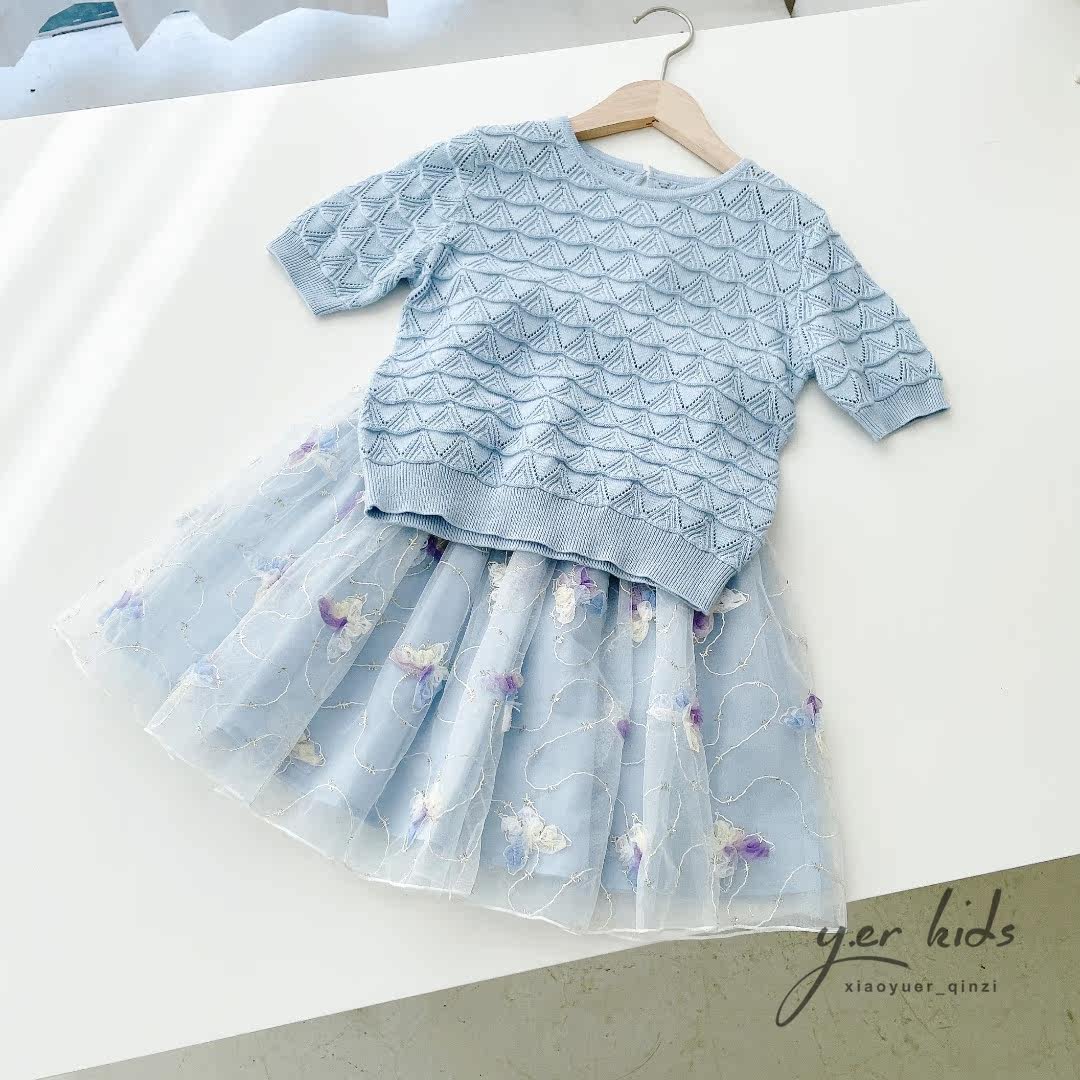 Girls' lady butterfly suit Children's knitted top with mesh tutu skirt Short-sleeved thin knitted children's clothing