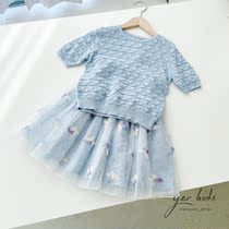Girls lady butterfly suit Childrens knitted top with mesh tutu skirt Short-sleeved thin knitted childrens clothing