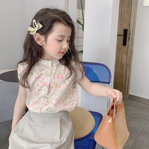 Girls pink coconut tree print shirt Childrens sweet French cotton short-sleeved top Summer light shirt