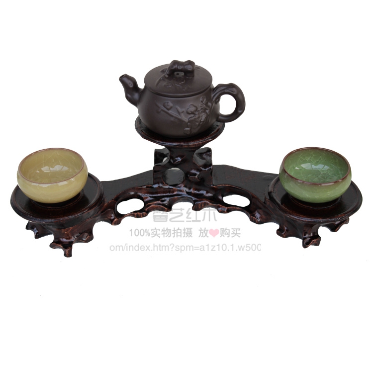 Mahogany carving ornament base Solid wood stone teapot seat Wooden round seal base decorative ornament three-piece
