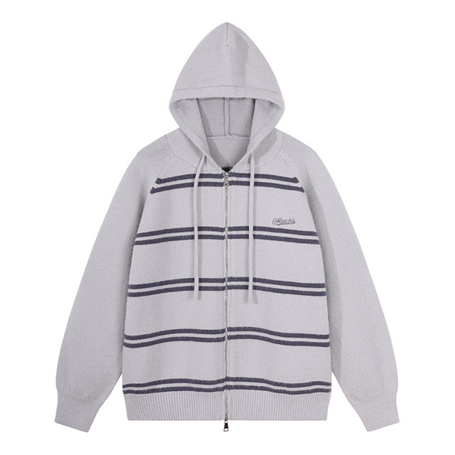 MATCHASTORY Matcha Story Striped Contrast ສີ Raglan Sleeve Hooded Cardigan Sweater Couple Knitted Sweater Jacket