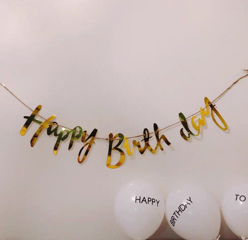金色手寫體happy Birthday生日拉旗燙金卡紙拉花派對佈置裝飾掛飾
