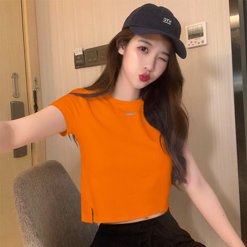 Orange T-Shirt for Women, Short-Sleeved, Cropped Top, Petite, Tight-Fitting, 2021 New Summer Design, Trendy, Revealing Midriff, Distressed Orange T-Shirt for Women, Short-Sleeved, Cropped Top, Petite, Tight-Fitting, 2021 New Summer Design, Trendy, Revealing Midriff, Distressed