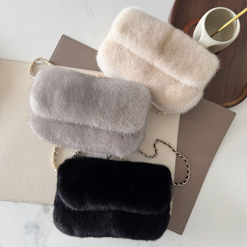 Luxurious Imported Mink Fur Full Leather Flap Bag with Magnetic Closure, Versatile Women's Shoulder Crossbody Genuine Fur Plush Small Square Bag