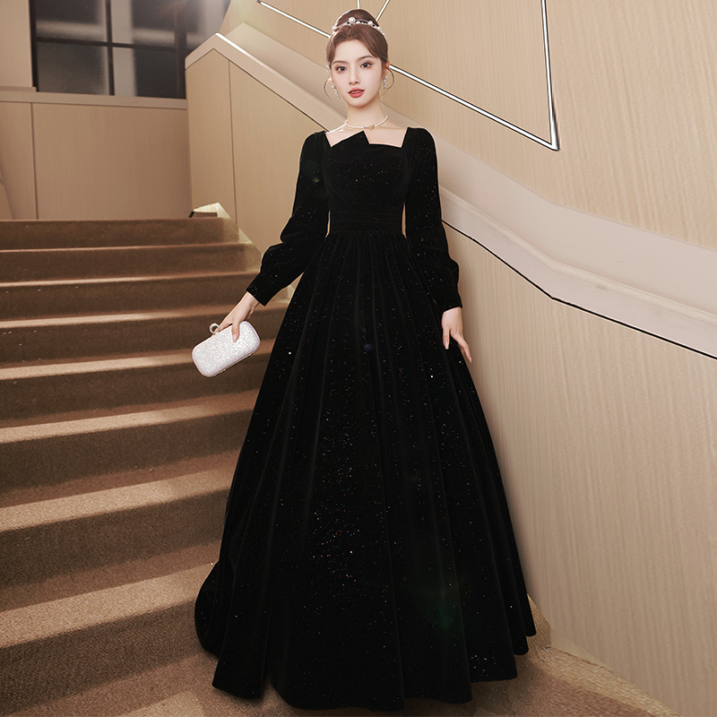 Black Long-Sleeved Evening Dress for Women, Socialite Banquet, Annual Meeting Long Dress, Host, French High-End Niche Light Luxury