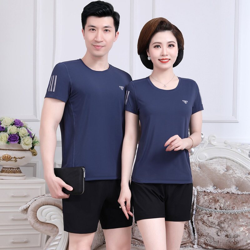 2023 summer new speed dry middle - aged sports suit male and female ice - silk couples and parents casual clothes thin