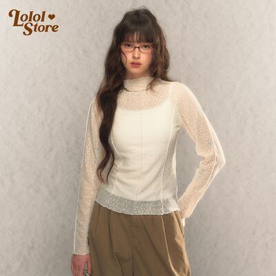 【 Clearance Sale 】【 No Replenishment Once Sold Out 】 Spicy Girl's Fitted Semi-high-neck lace base layer T-shirt for Women with Long sleeves