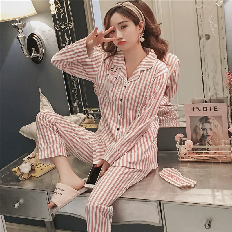 Đồ ngủ nữ mùa thu dài tay phù hợp với hai mảnh cotton có thể mặc bên ngoài sinh viên hàn quốc tươi trẻ gợi cảm phục vụ ở nhà mỏng mùa hè - Giống cái