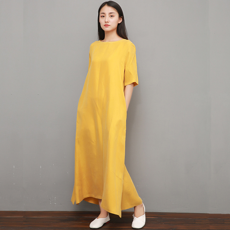 2026 Heavyweight High-End Copper Ammonia Silk Dress Long Artistic Style Plus Size Loose Robe Dress Real Silk Long Dress for Summer