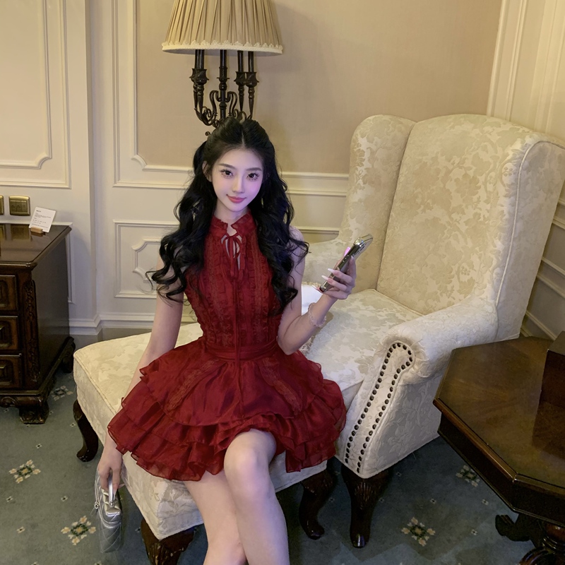 【Heartbreak Rose】Strawberry Red Lace Halter Neck Short Dress Slimming Multi-Layer Cake Dress Date Little Red Dress