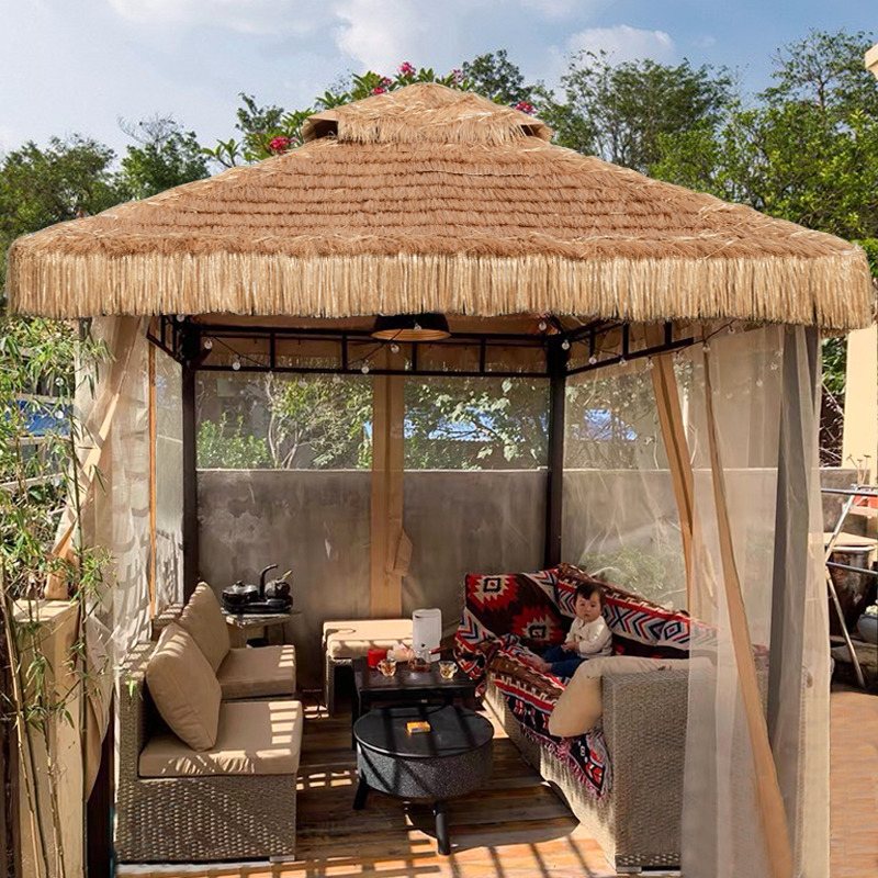 Sunshade Canopy Outdoor Farmhouse Courtyard Thatched Gazebo Simulated Straw Thatch Rain Shelter Outdoor Four-Corner Tent Umbrella