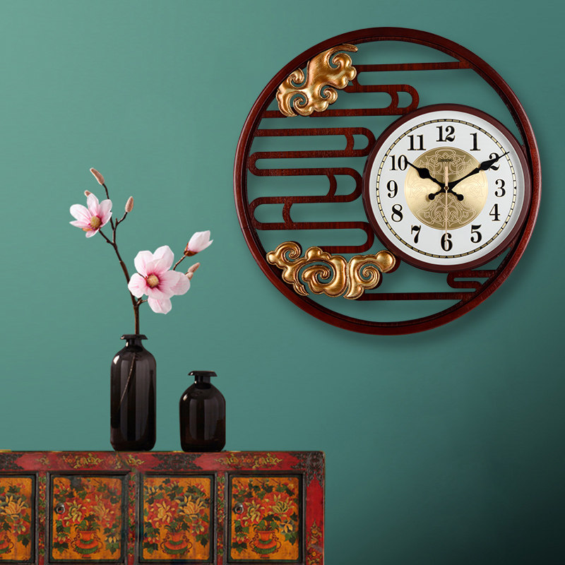 New Chinese solid wood hanging bell living room mute hanging wall China wind retro quartz art Table Extreme minimalist Atmosphere decoration-Taobao