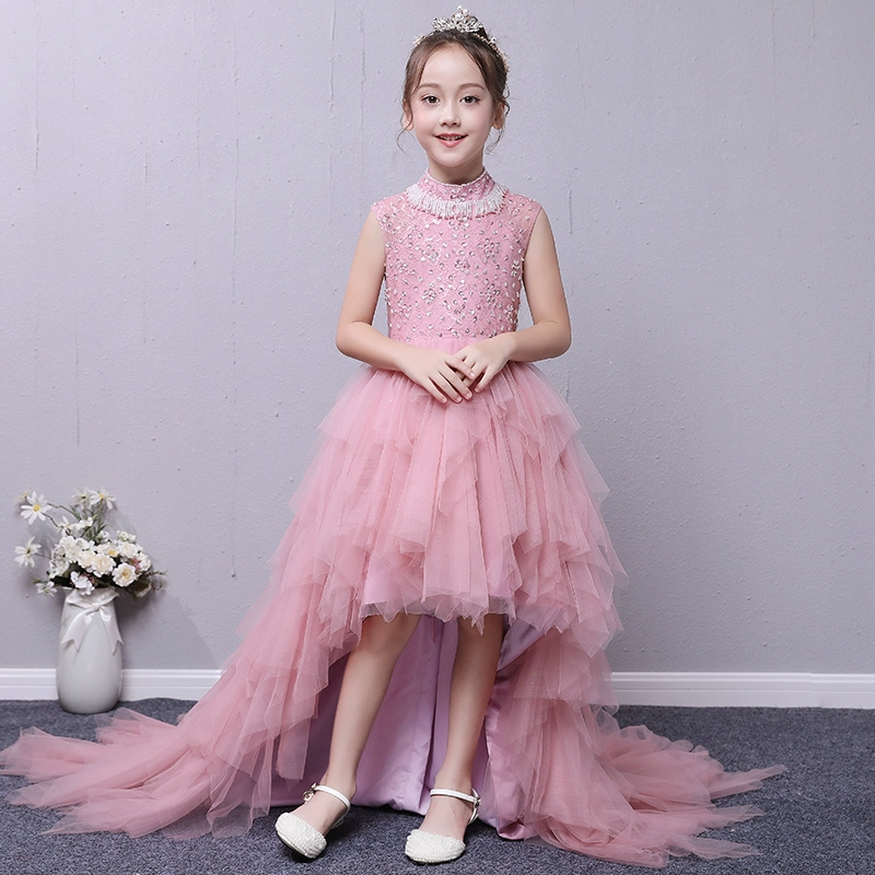 Hoa cô gái công chúa váy cô gái sợi lông tơ trẻ em catwalk váy cưới đuôi váy dạ hội người dẫn chương trình piano trang phục - Váy trẻ em
