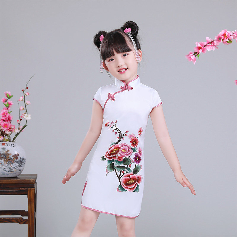 Children's Cheongsam Summer 2019 New Chinese Style Tang Suit Princess Dress Silk Print Cool Breathable Guzheng Costume