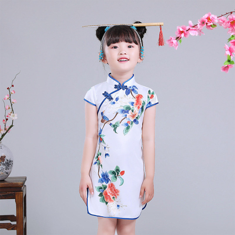 Children's Cheongsam Summer 2019 New Chinese Style Tang Suit Princess Dress Silk Print Cool Breathable Guzheng Costume