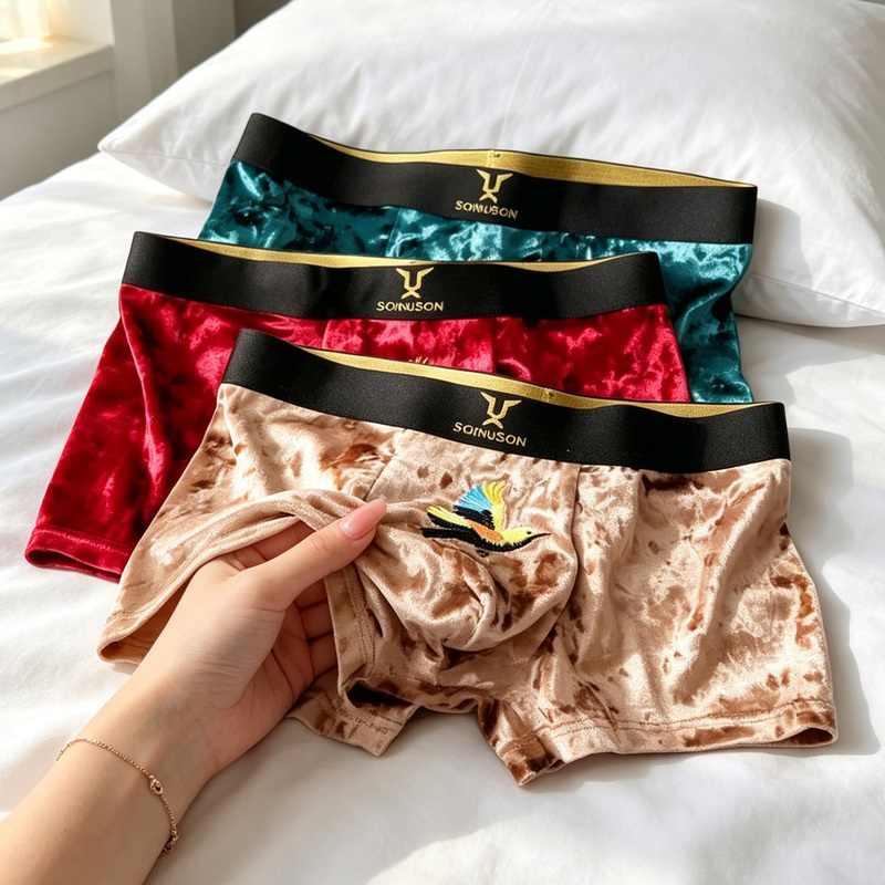 Luxurious High-End Velvet Men's Underwear, Breathable Boxer Briefs, Sexy Glossy Embroidered Boxer Shorts for Men