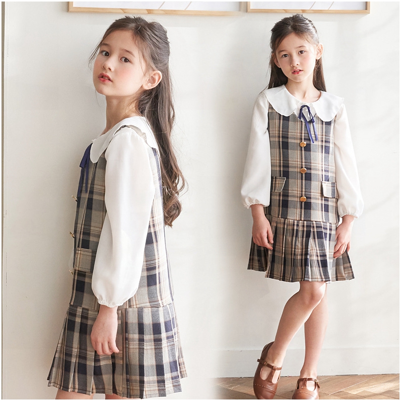 Next win girls dress 2021 spring and autumn new Korean version chiffon children's set foreign gas checkered skirt two-piece set