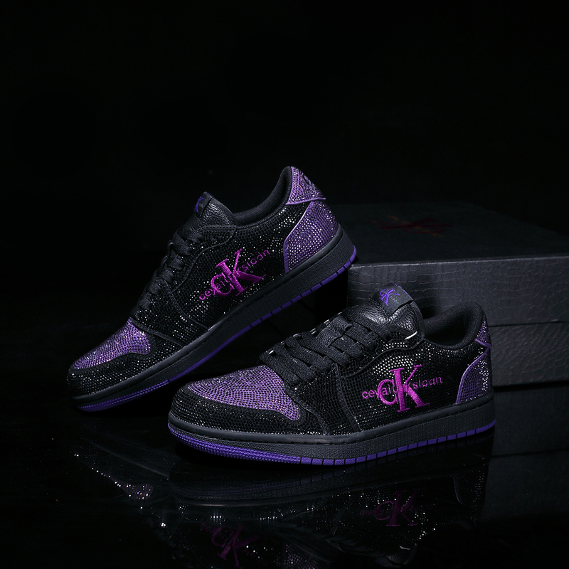 Ceyaiu Kslcdn Genuine Leather Black and Purple Full Diamond Sneakers, Light Luxury Versatile Color-Blocking Niche Trendy Shoes