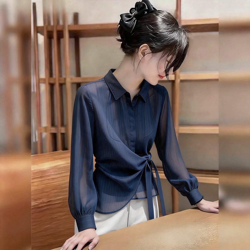 Plus-Size French-Style Long-Sleeve Tie-Front Blue Shirt for Women, Stylish Casual Waist-Cinching Slimming Versatile Top