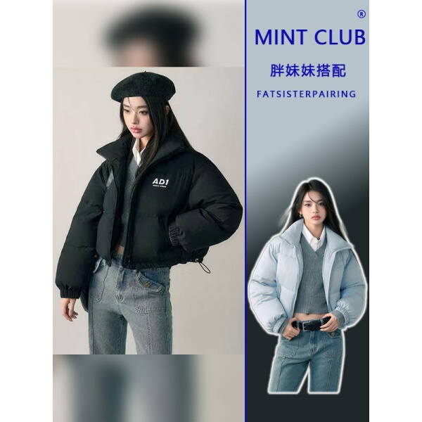 Plus-Size Women's New Winter Blue Short Stand-Collar Padded Jacket, Loose and Thickened for Warmth