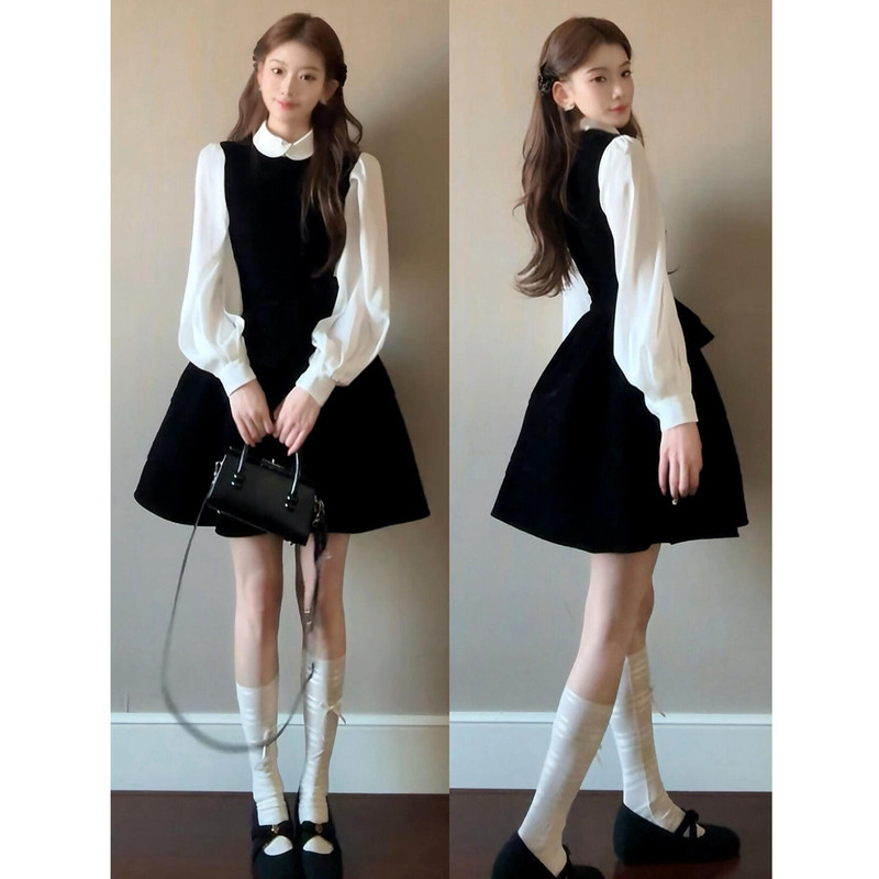 Plus-Size Fat Girl's French Retro Black Sleeveless Dress with a White Shirt Underneath, Casual Two-Piece Suit