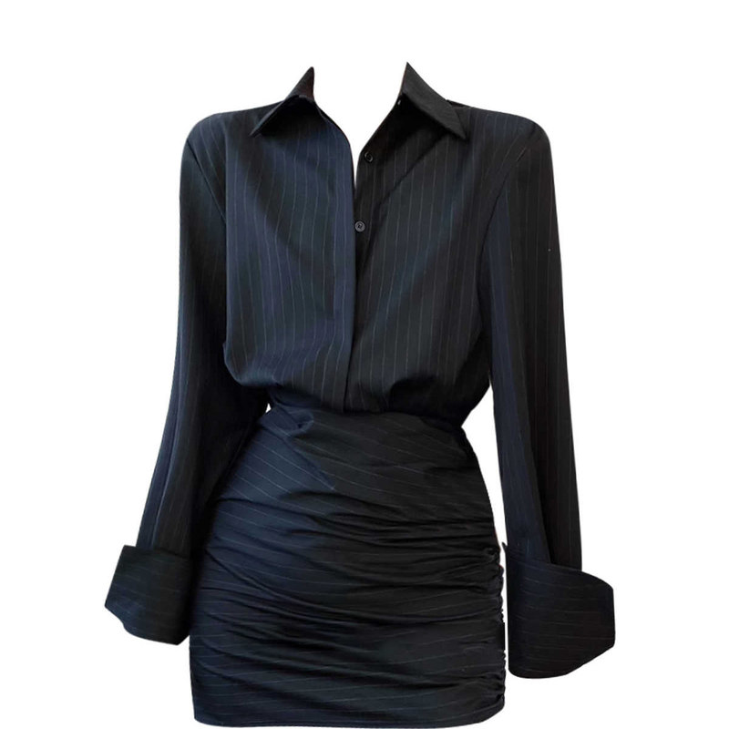Purely Sexy Hot Girl Striped Bodycon Mini Skirt, New Autumn Style for Plus-Size Women, Elegant Polo Collar Versatile Shirt Dress