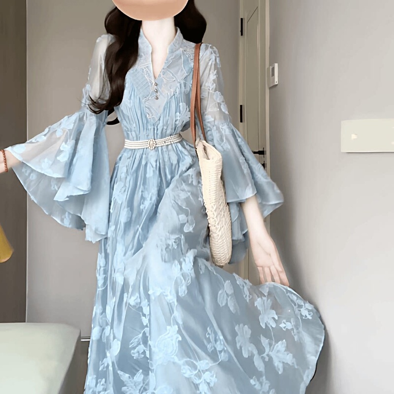 Plus-Size French-Style Gentle Blue Embroidered Dress with Bell Sleeves for Women, Summer Elegant Waist-Cinching Stunning Long Dress