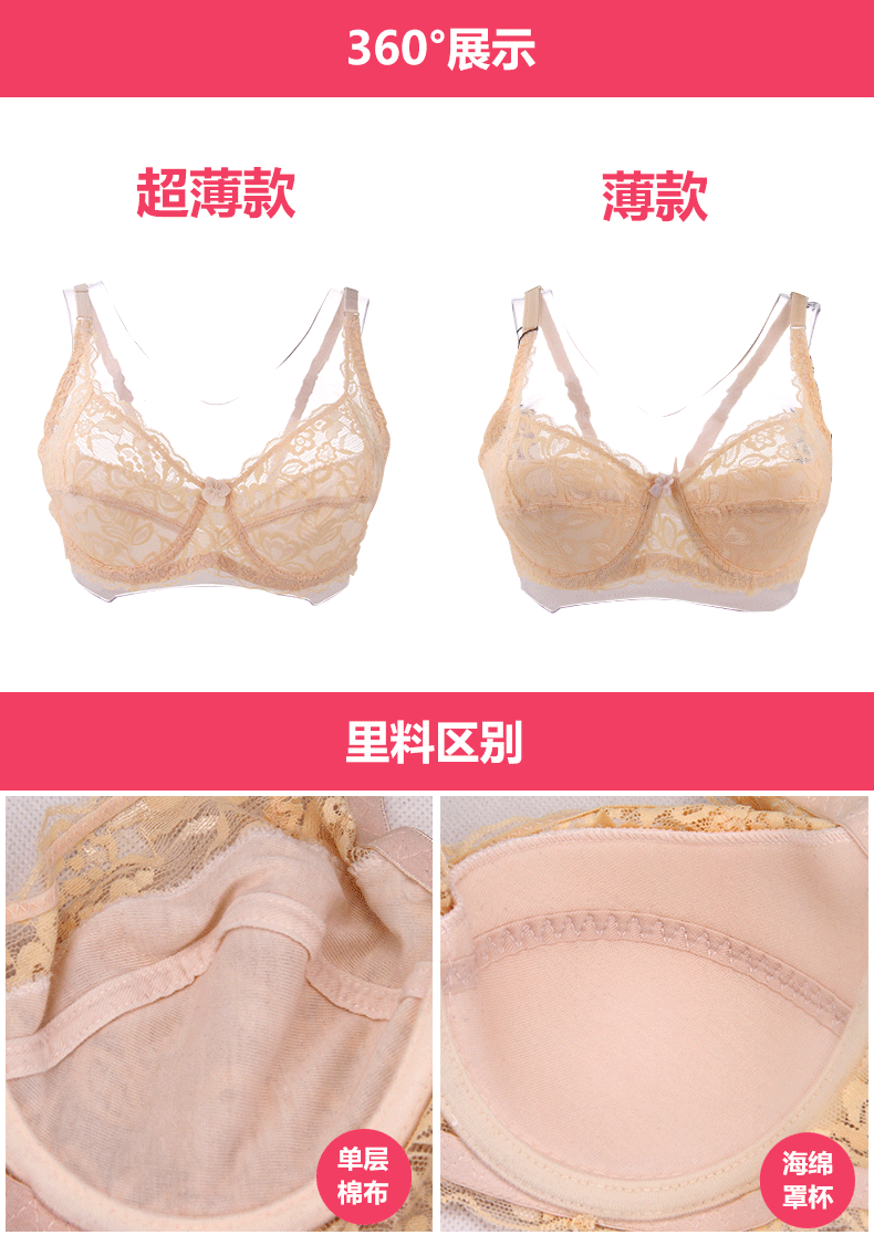 Mùa hè không có vòng thép siêu mỏng không áo ngực xốp áo ngực nữ kích thước lớn ren mỏng khuôn cốc ngực lớn đồ lót nhỏ quần lót cotton