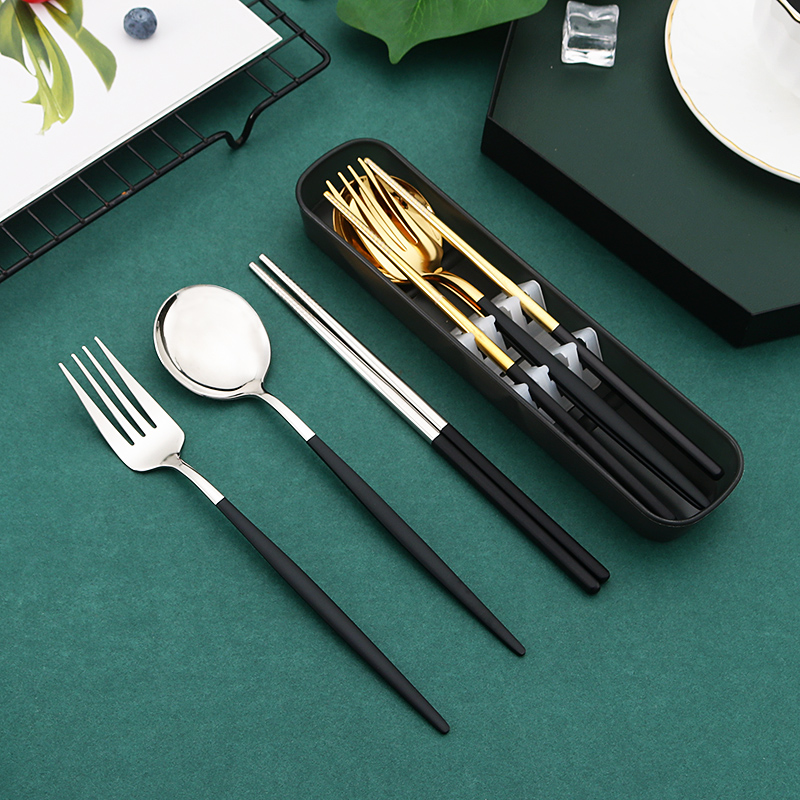 Stainless steel portable tableware high value students fork chopstick spoon lunch box three pieces package set