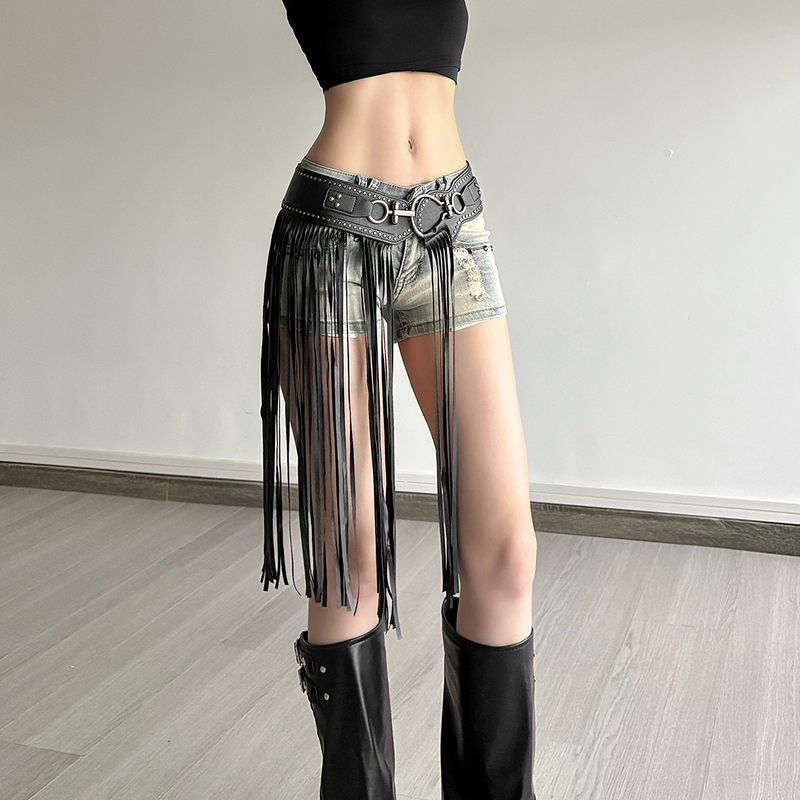 Quirky Girl Punk Studded Tassel Patchwork Pu Leather Waist Belt Accessory for Women, Unique Slim Fit Tassel Belt