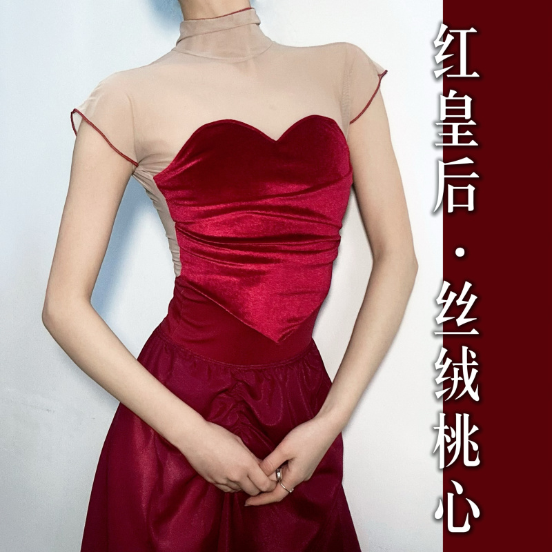 Heart-Shaped Red Velvet 2026 Attica Ballet Tube Top Mesh See-Through Short-Sleeved Velvet Burgundy Leotard Heart-Shaped Red Velvet 2026 Attica Ballet Tube Top Mesh See-Through Short-Sleeved Velvet Burgundy Leotard