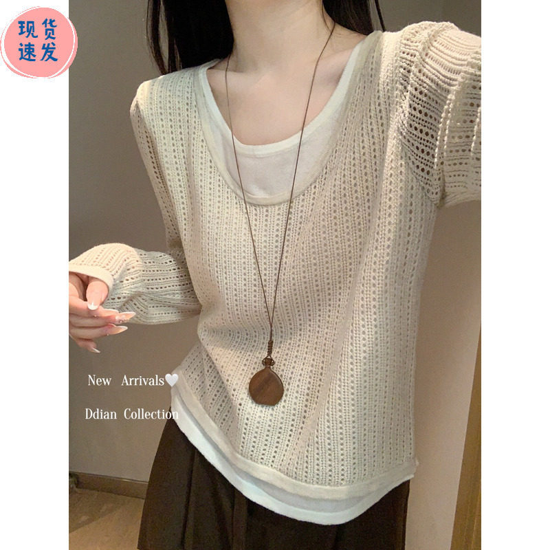Autumn and Winter Lazy and Relaxed Round-Neck Base Sweater for Women, Hollow-Out High-End Fake Two-Piece Long-Sleeve Knit Top