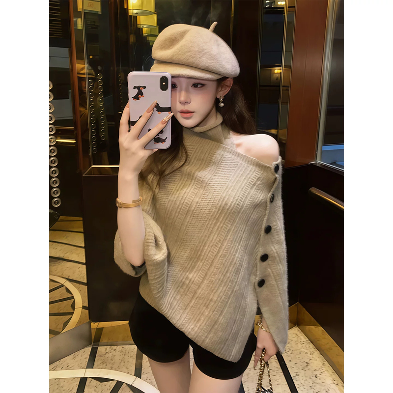 Irregular Side-Button Off-Shoulder Knitted Jacket for Women 2026 Autumn Cashmere Inner High-Neck Sleeveless Vest Set