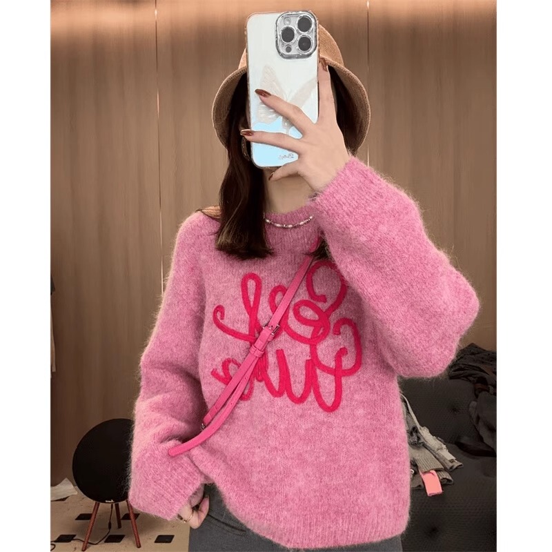 Korean Style Pink Letter Pullover Knit Sweater for Women, Winter High-End New Sweater, Miu Miu Style Outfit Top, Trendy